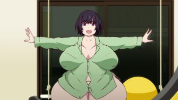 1girl alternate_body_build alternate_body_size alternate_breast_size_(larger) anime_screenshot bakemonogatari belly black_hair breasts breasts_apart chetrippo curvy female_focus hanekawa_tsubasa highres huge_breasts indoors looking_at_viewer monogatari_(series) navel open_mouth outstretched_arms pajamas partially_undressed plump purple_eyes short_hair smile solo standing thick_thighs thighs third-party_edit wide_hips