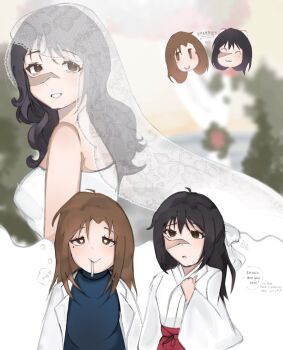 2girls black_hair bridal_veil bride brown_eyes brown_hair dress female_focus highres ieiri_shoko imagining iori_utahime jujutsu_kaisen lab_coat mole mole_under_eye multiple_girls scar scar_on_face see-through_clothes see-through_veil smoking speech_bubble thought_bubble veil wedding_dress wife_and_wife yuri