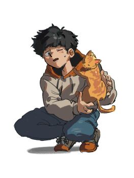 Rule 34 | 1boy, black hair, black pants, cat, commentary request, full body, grey hoodie, highres, hood, hoodie, kageyama shigeo, korean commentary, looking at animal, male focus, mob psycho 100, one eye closed, orange cat, orange hood, pants, shoes, short hair, simple background, solo, souxenlr, squatting, two-tone hoodie, white background