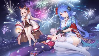 3girls absurdres aerial_fireworks ahoge animal_ears ayanami_(azur_lane) ayanami_(pulse_of_the_new_year)_(azur_lane) azur_lane blue_hair blue_kimono bottle breasts cat_mask city city_lights cityscape commentary double_bun english_commentary fake_animal_ears fireworks floral_print gloves hair_bun hair_ornament hairband headgear helena_(azur_lane) helena_(new_year's_bluebird)_(azur_lane) high_ponytail highres holding holding_bottle holding_lantern japanese_clothes kanzashi kimono kyl490 laffey_(azur_lane) laffey_(snow_rabbit_and_candy_apple)_(azur_lane) lantern long_hair looking_at_viewer lying mask medium_breasts multicolored_kimono multiple_girls new_year night obi official_alternate_costume orange_eyes outdoors pleated_skirt ponytail print_kimono purple_eyes purple_kimono rabbit_ears red_hairband sash short_kimono skindentation skirt sky sleeves_past_fingers sleeves_past_wrists thighhighs very_long_hair white_hair white_thighhighs wide_sleeves yawning zettai_ryouiki
