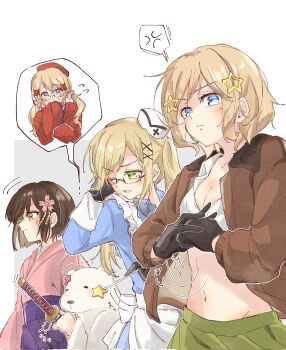 4girls america_(female)_(hetalia) america_(hetalia) anger_vein apron axis_powers_hetalia bear blonde_hair blue_eyes blush breasts brown_hair canada_(female)_(hetalia) canada_(hetalia) cleavage crop_top dress gloves green_eyes hair_ornament hairclip hat highres holding holding_wand jacket japan_(female)_(hetalia) japan_(hetalia) japanese_clothes katana kimono long_hair midriff mini_hat multiple_girls navel one_eye_closed polar_bear purple_eyes short_hair simple_background spoken_anger_vein star_(symbol) star_hair_ornament sword twintails united_kingdom_(female)_(hetalia) united_kingdom_(hetalia) upper_body wand weapon white_background yellow_eyes yumar830