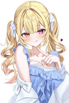 Rule 34 | 1girl, :p, blonde hair, blue dress, blush, bow, breasts, cleavage, coco (lu28 mi), collarbone, commentary request, curly hair, dress, frilled shirt, frills, hair ornament, hair ribbon, heart, heterochromia, highres, hoshikawa sara, index finger raised, jacket, large breasts, light smile, long hair, looking at viewer, nijisanji, off shoulder, orange eyes, pointing, pointing at self, purple eyes, ribbon, shirt, sidelocks, simple background, solo, tongue, tongue out, twintails, upper body, white background, white jacket, white ribbon, x hair ornament