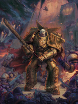 6+boys adeptus_astartes anti-aircraft anti-aircraft_gun aquila_(symbol) armor banner battle_damage battle_standard bolter breastplate building cape chainsword chaos_(warhammer) chaos_space_marine commentary corpse death demon emperor's_children english_commentary flying full_armor gem gold_armor gorget green_gem heavy_bolter helmet highres holding holding_weapon imperial_aquila imperium_of_man jeff_porter jetpack long_hair multiple_boys pauldrons power_armor primarch purple_armor red_gemstone rogal_dorn roman_numeral short_hair shoulder_armor skyscraper standing storm's_teeth surrounded sword the_auric_armor tower war_banner warhammer_40k weapon white_hair