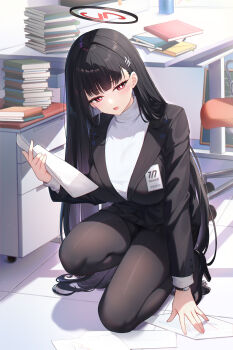 Rule 34 | 1girl, absurdres, black hair, black jacket, black pantyhose, blue archive, book, book stack, desk, full body, halo, highres, holding, holding paper, hug, indoors, jacket, kuroida, long hair, long sleeves, pantyhose, paper, picking up, red eyes, rio (blue archive), solo, sweater, very long hair, white sweater
