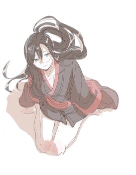Rule 34 | 1boy, androgynous, bare legs, barefoot, black hair, black hanfu, chinese clothes, closed mouth, collarbone, from above, full body, grey hair, hair between eyes, hanfu, hashtag-only commentary, highres, k a k, long hair, long sleeves, looking at viewer, male focus, modao zushi, ponytail, red sash, robe, sash, sidelocks, simple background, sitting, sketch, smile, solo, wei wuxian, white background, wide sleeves
