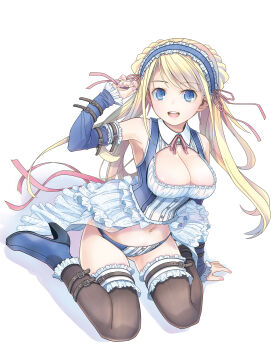 1girl absurdres blonde_hair blue_dress blue_eyes blue_footwear breasts cleavage_cutout clothing_cutout detached_sleeves dress frilled_dress frilled_headwear frilled_thigh_strap frills full_body highres large_breasts long_hair navel no_pants original pop_(electromagneticwave) ribbon-trimmed_headwear ribbon_trim simple_background sitting smile solo stomach teeth thigh_strap thighhighs upper_teeth_only wariza white_background