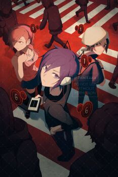 1girl 2boys beanie blue_eyes blue_hair blue_skirt breasts brown_hair camisole cleavage commentary countdown devil_survivor_(series) devil_survivor_1 digital_walkman english_commentary faceless handheld_game_console hat headphones headscarf highres kihara_atsurou medium_breasts mp3_player multiple_boys nintendo_ds noct2aa orange_hair pink_headscarf protagonist_(devil_survivor) skirt tanigawa_yuzu thighhighs