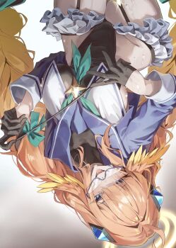 1girl aqua_neckerchief black_gloves black_leotard blue_archive blue_shrug braid braided_twintails breasts feather_hair feathers glasses gloves half_gloves halo halter_leotard halterneck highres holding holding_riding_crop impossible_clothes impossible_leotard large_breasts leotard long_hair neckerchief netural official_alternate_costume orange_hair riding_crop shimiko_(blue_archive) shimiko_(magical)_(blue_archive) shrug_(clothing) super_highleg twin_braids yellow_feathers yellow_halo