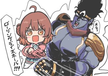 1boy 1girl :d ahoge black_hair blue_necktie blue_skirt brown_eyes brown_hair character_request check_character chibi clenched_hands collared_shirt colored_skin commentary_request crossover food gakuen_idolmaster grey_skin hair_bun hanami_ume highres idolmaster jojo_no_kimyou_na_bouken kawamochi_(kawauti919) motion_lines necktie onigiri open_mouth pink_sweater pleated_skirt shirt simple_background single_side_bun skirt smile speed_lines stand_(jojo) standing star_platinum stardust_crusaders sweater thighhighs translation_request v-shaped_eyebrows white_background white_shirt white_thighhighs
