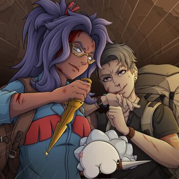 2girls asymmetrical_hair black_shirt blood blood_on_arm blood_on_face blue_shirt dagger dark-skinned_female dark_skin gen_8_pokemon glasses grey_hair highres holding holding_dagger holding_knife holding_weapon itsraijet jetsam_(itsraijet) knife long_hair looking_at_viewer multiple_girls nintendo original pokemon pokemon_(creature) pokemon_sv ponytail purple_eyes purple_hair raifort_(pokemon) shirt short_hair short_sleeves sidecut snom sweat undercut upper_body weapon