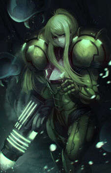 1girl absurdres asymmetrical_bangs blonde_hair blue_eyes cowboy_shot dim_lighting dust dutch_angle formal_clothes frown green_light handcannon high_ponytail highres jesse_schickler light_particles long_sidelocks loose_hair_strand mechanical_arms metroid metroid_(creature) mole mole_under_mouth nintendo orange_suit parted_lips ponytail power_suit_(metroid) samus_aran serious sidelocks solo standing suit swept_bangs tsurime varia_suit very_long_sidelocks walking