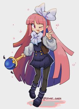 1girl :3 :d bag black_boots black_skirt black_vest blush boots bow bowtie brown_bag disgaea gold_buttons grey_background hair_bow handbag high-waist_skirt highres long_hair mage_(disgaea) one_eye_closed open_mouth pink_eyes pink_hair shirt skirt smile somegaea star_(symbol) twitter_username v vest white_bow white_bowtie white_shirt