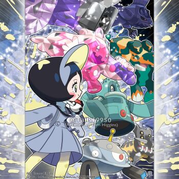 2girls artist_name bastiodon black_eyes black_hair black_sclera blush blush_stickers bright_pupils bronzong child closed_mouth colored_sclera commentary company_name copperajah copyright_notice corset corviknight dress english_commentary eyelashes from_side gen_4_pokemon gen_8_pokemon grey_bonnet grey_dress hammer holding holding_hammer instagram_username jewelry key key_necklace long_sleeves magnet magnezone merchandise_available multiple_girls necklace nintendo official_style open_mouth outline pokemon pokemon_(creature) pokemon_sv poppy_(pokemon) red_eyes screw short_hair smile terastallization tinkaton tom_higgins watermark white_outline white_pupils