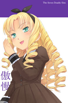 1girl bilingual_text blonde_hair bow character_name curly_hair drill_hair english_text female_focus green_eyes hair_bow meow_(nekodenki) mixed-language_text ojou-sama_pose original pride_(deadly_sins) seven_deadly_sins solo