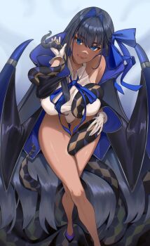1girl absurdres armpit_crease bb_(fate) bb_(swimsuit_mooncancer)_(third_ascension)_(fate) bb_(swimsuit_mooncancer)_(third_ascension)_(fate)_(cosplay) black_hair blue_eyes blue_hair breasts coat colored_inner_hair commentary cosplay dark-skinned_female dark_skin eipanguino english_commentary fate/grand_order fate_(series) gloves hair_intakes highres hololive hololive_english large_breasts leotard licking_lips looking_at_viewer multicolored_hair ouro_kronii ribbon solo tan tentacles thigh_gap tongue tongue_out virtual_youtuber white_gloves white_leotard