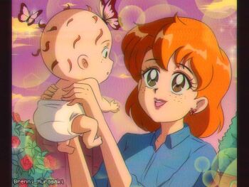 1990s_(style) 1boy 1girl baby brenni_murasaki brown_eyes bug butterfly chuckie_finster diaper earrings holding insect jewelry melinda_finster orange_hair outdoors retro_artstyle rugrats scene_reference shirt short_hair short_sleeves smile spoilers standing