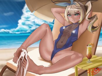 Rule 34 | 1girl, barefoot, beach, blonde hair, blue eyes, chair, clenched teeth, cocktail glass, cum, cup, drinking glass, ejaculation, feet, footjob, fos1x, girls' frontline, girls' frontline 2: exilium, hairband, highres, light blush, long hair, lounge chair, parasol, sharkry (girls' frontline 2), side ponytail, teeth, toes, umbrella