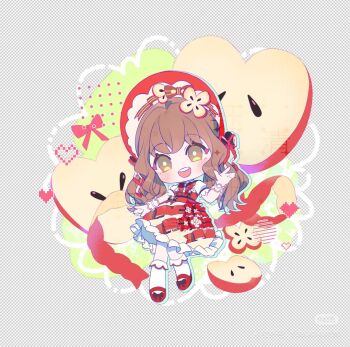 1girl apple apple_slice aqua_outline black_bow bonnet bow bowtie bright_pupils brown_eyes brown_hair bubble_skirt capelet chibi chinese_commentary commentary_request dress eyelashes food food-themed_clothes food-themed_hair_ornament footwear_bow frilled_capelet frilled_dress frilled_sleeves frilled_socks frills fruit gloves hair_between_eyes hair_ornament hair_ribbon halftone happy hat hat_bow heart infinity_nikki kneehighs lace_wrist_cuffs light_blush long_hair looking_at_viewer low_twintails mary_janes medium_dress nikki_(series) open_mouth outline pinafore_dress puffy_short_sleeves puffy_sleeves red_bonnet red_bow red_bowtie red_dress red_ribbon red_shoes ribbon ribbon-trimmed_dress ribbon_trim sample_watermark shirt shoes short_sleeves skirt sleeveless sleeveless_dress smile socks solo striped_bow striped_clothes striped_dress sweet_memories_(infinity_nikki) tareme teeth transparent_background twintails two-tone_dress upper_teeth_only watermark waving wavy_hair white_capelet white_dress white_gloves white_pupils white_shirt white_socks white_wrist_cuffs wrist_cuffs xiaohongshu_watermark yuqing99999