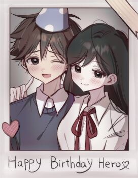 1boy 1girl alternate_costume alternate_eye_color black_eyes black_hair blue_sweater blush brown_eyes brown_hair character_name closed_mouth collared_shirt commentary dark-skinned_male dark_skin double-parted_bangs hair_between_eyes happy_birthday hat hero_(faraway)_(omori) hero_(omori) highres index_finger_raised long_hair long_sleeves looking_at_viewer mari_(faraway)_(omori) mari_(omori) omori one_eye_closed open_mouth party_hat shirt shirt_under_sweater short_hair smile sweater symbol-only_commentary white_shirt wktdms1