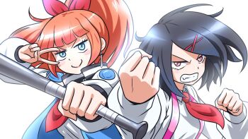 2girls angry baseball_bat black_hair blue_eyes bow clenched_hands clenched_teeth closed_mouth earrings hair_ornament hairclip highres holding holding_weapon jacket jewelry kay_yu kunio-kun_series kyoko_(kunio-kun) long_sleeves looking_at_viewer medium_hair misako_(kunio-kun) multiple_girls necktie non-web_source open_clothes open_jacket orange_hair ponytail red_bow red_eyes red_necktie river_city_girls shirt simple_background smile teeth upper_body v weapon white_background white_shirt