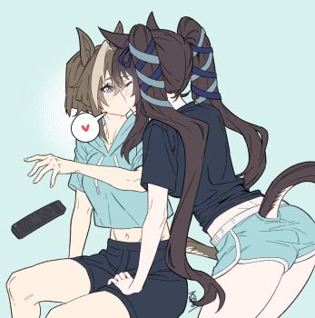 2girls animal_ears black_shirt black_shorts blue_background blue_eyes blue_hoodie blue_ribbon blue_shorts blue_theme brown_hair brown_tail cheval_grand_(umamusume) clothing_cutout commentary controller cowboy_shot cropped_hoodie dock_(tail) dolphin_shorts hair_ribbon hand_on_another's_lap hand_on_another's_leg heart highres hood hoodie horse_ears horse_girl horse_tail incest kiss leaning_forward long_hair loungewear matoi_sakuretsu micro_shorts midriff_peek multicolored_hair multiple_girls navel remote_control ribbon shirt short_hair short_shorts short_sleeves shorts siblings signature sisters sitting speech_bubble spoken_heart streaked_hair surprised t-shirt tail tail_through_clothes twintails umamusume vivlos_(umamusume) yuri