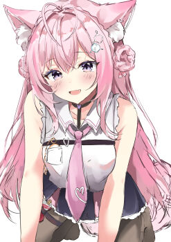 absurdres ahoge aizawa_(aizawatsu) animal_ear_fluff animal_ears bare_shoulders black_choker black_pantyhose blue_dress choker commentary dress grey_eyes hakui_koyori hakui_koyori_(1st_costume) highres hololive long_hair looking_at_viewer necktie open_mouth pantyhose pink_hair pink_necktie shirt simple_background virtual_youtuber white_background white_shirt