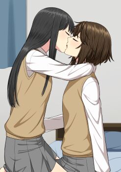 2girls absurdres arms_around_neck black_hair brown_hair brown_sweater_vest closed_eyes collared_shirt commentary_request french_kiss grey_skirt highres indoors kiss long_hair multiple_girls on_bed original pleated_skirt ryuusa school_uniform shirt short_hair sitting sitting_on_lap sitting_on_person skirt sweater_vest white_shirt yuri