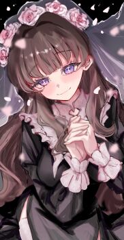 1girl absurdres alternate_costume black_background black_dress breasts brown_hair commentary cross_in_eye dress flower fujishima_megumi hair_intakes halloween highres interlocked_fingers jin_(oihlf) juliet_sleeves large_breasts link!_like!_love_live! long_sleeves looking_at_viewer love_live! nun pink_flower pink_rose puffy_sleeves purple_eyes rose see-through_clothes see-through_veil side_slit simple_background solo thighhighs veil virtual_youtuber white_thighhighs