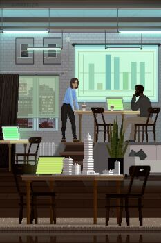 1boy 1girl animated animated_gif cityscape coffee commission computer creature diorama flickering graph indoors lego office original photo_(object) picture_frame pixel_art plant potted_plant stairs steam waneella when_you_see_it