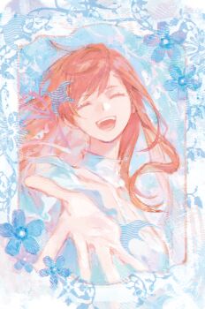 Rule 34 | 1girl, :d, ^ ^, closed eyes, colored eyelashes, commentary, english commentary, final fantasy, final fantasy xiv, floating hair, hair ribbon, hyur, long hair, mellowsong, open mouth, orange hair, outstretched hand, pink ribbon, portrait, ribbon, ryne waters, smile, solo