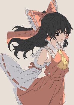 Rule 34 | 1girl, ascot, bare shoulders, black eyes, black hair, bow, commentary, detached sleeves, frilled bow, frilled hair tubes, frills, hair bow, hair tubes, hakurei reimu, highres, kametoyou, long hair, looking to the side, nontraditional miko, red bow, red shirt, red skirt, ribbon-trimmed sleeves, ribbon trim, sarashi, shirt, simple background, skirt, sleeveless, sleeveless shirt, solo, touhou, white background, wide sleeves, yellow ascot