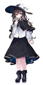 1girl absurdres alternate_eye_color alternate_hair_length alternate_hairstyle black_boots black_capelet black_hat black_skirt book boots bow brown_hair capelet closed_mouth hair_between_eyes hair_bow hat hat_bow highres holding holding_book large_bow long_hair long_sleeves looking_at_viewer muraryo red_eyes shirt simple_background skirt sleeve_cuffs smile solo star_(sky) touhou usami_renko white_background white_bow white_shirt wide_brim