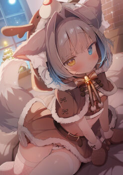 1girl :< absurdres animal_costume animal_ear_fluff animal_ears bell belt black_belt blue_eyes blue_hair blush bow bow_panties breasts brown_capelet brown_mittens brown_skirt capelet christmas christmas_tree closed_mouth commentary_request fur-trimmed_capelet fur-trimmed_hood fur-trimmed_skirt fur_trim gradient_hair grey_hair hair_intakes hair_ornament hairclip heterochromia highres hood hood_up indoors komugi-chan_(komugi) komugi_(2212) looking_at_viewer lying mittens multicolored_hair navel neck_bell on_side original panties parallel_hairclips partial_commentary reindeer_costume short_hair skirt small_breasts solo tail thighhighs two-tone_hair underwear white_panties white_thighhighs window wolf_ears wolf_girl wolf_tail yellow_eyes