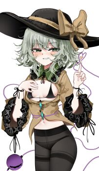 1girl absurdres black_bra black_panties black_pantyhose blush bra breasts frills green_eyes green_hair hand_on_own_chest hand_up hat highres index_finger_raised komeiji_koishi loli long_sleeves looking_at_viewer medium_hair midriff_peek navel no_pants ougiikun panties pantyhose parted_lips partially_unbuttoned shirt small_breasts smile solo third_eye touhou underwear white_background yellow_shirt