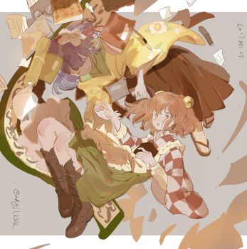 Rule 34 | 2girls, :o, bell, blush, book, boots, calligraphy brush, checkered clothes, checkered kimono, dated, floral print, flower, frilled skirt, frills, glasses, hair bell, hair flower, hair ornament, hieda no akyuu, highres, japanese clothes, kimono, lace-up boots, long sleeves, motoori kosuzu, multiple girls, nengo, orange eyes, orange hair, paintbrush, purple hair, sandals, scroll, short hair, skirt, touhou, twitter username, two side up, wide sleeves, zouri