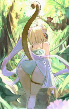 1girl absurdres andira_(granblue_fantasy) andira_(summer)_(granblue_fantasy) antenna_hair ass bare_shoulders bent_over blonde_hair blue_one-piece_swimsuit detached_sleeves double_bun facing_away feet_out_of_frame forest from_behind granblue_fantasy hair_bun highres long_sleeves medium_hair monkey monkey_tail nature one-piece_swimsuit shiro_wa_(shiroshironix) solo swimsuit tail thigh_gap thigh_strap