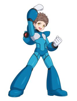 1boy arm_up armor blue_armor blue_helmet brown_hair clenched_hands commentary commission cosplay feichu_keju full_body hat_on_back helmet highres male_focus mega_man_(series) mega_man_x_(series) mega_man_x_dive open_mouth pixiv_commission rex_(xenoblade) short_hair shoulder_armor simple_background smile solo standing white_background x_(mega_man) x_(mega_man)_(cosplay) xenoblade_chronicles_(series) xenoblade_chronicles_2 yellow_eyes
