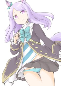 Rule 34 | 1girl, akara kai, animal ears, black skirt, blue bow, blue panties, bow, buttons, chain, frilled shirt collar, frilled sleeves, frills, gold buttons, gold chain, hair bow, hand up, highres, horse ears, horse girl, long hair, long sleeves, looking at viewer, mejiro mcqueen (frontline elegance) (umamusume), mejiro mcqueen (umamusume), panties, pleated skirt, puffy long sleeves, puffy sleeves, purple eyes, purple hair, shirt, simple background, skirt, smile, solo, striped clothes, striped shirt, umamusume, underwear, white background