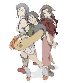 3girls aerith_gainsborough armor asymmetrical_legwear bare_shoulders black_gloves black_hair boots bracelet breasts brown_boots brown_eyes brown_hair center_opening closed_mouth crop_top cropped_jacket dress earrings elbow_gloves final_fantasy final_fantasy_vii fingerless_gloves from_above full_body gloves green_eyes green_shirt hair_between_eyes hair_ribbon headband highres jacket jewelry long_dress long_hair loose_socks medium_breasts midriff multiple_girls orange_gloves orange_shoes own_hands_clasped own_hands_together parted_bangs pauldrons pink_dress pink_ribbon ponytail red_jacket red_shoes ribbon shirt shoes short_hair shorts shoulder_armor sidelocks single_arm_guard single_bare_shoulder single_fishnet_armwear single_fishnet_legwear single_pauldron sketch sleeveless sleeveless_shirt sleeveless_turtleneck smile socks suspenders tifa_lockhart turtleneck white_background white_shirt white_shorts xiehuangxb yuffie_kisaragi