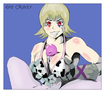 animal_print bikini blonde_hair breasts candy_witch_(grimms_notes) chaos_pied_piper_(grimms_notes) colored_skin cow_print cow_print_bikini ero_cruney grimms_notes grin large_breasts looking_at_viewer paizuri penis pov print_bikini prosthesis prosthetic_arm purple_skin red_eyes short_hair smile spiked_hair swimsuit teeth upper_body