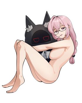 commission completely_nude covering_privates glasses highres hoshimi_miyabi miyaboo_(zenless_zone_zero) nude nude_cover pink_hair ponytail second-party_source selvish94 tsukishiro_yanagi white_background zenless_zone_zero