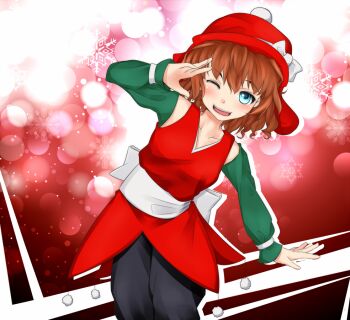 1girl belt black_pants blue_eyes blush bow brown_hair christmas commentary_request detached_sleeves dress feet_out_of_frame green_sleeves hair_between_eyes hand_up hat hat_bow long_sleeves looking_at_viewer mariebeth_blackball medium_hair one_eye_closed open_mouth pants red_background red_dress red_hat shin_(highest1192) sleeveless sleeveless_dress smile snowflakes solo sozaiyamimi teeth toaru_majutsu_no_index toaru_majutsu_no_index:_endymion_no_kiseki tongue upper_teeth_only white_belt white_bow