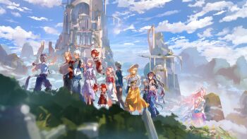 absurdres aglaea_(honkai:_star_rail) anaxa_(honkai:_star_rail) angel_wings black_hair blonde_hair blue_hair blue_sky brown_dress castorice_(honkai:_star_rail) cat_girl cat_tail cerydra_(honkai:_star_rail) chrysos_heirs_(honkai:_star_rail) cipher_(honkai:_star_rail) commentary cyrene_(honkai:_star_rail) cyrene_(ripples_of_past_reverie)_(honkai:_star_rail) denim dress english_commentary flower grape_(grapedraws) green_hair green_jacket grey_hair hair_flower hair_ornament highres holding holding_map honkai:_star_rail honkai_(series) hyacine_(honkai:_star_rail) hysilens_(honkai:_star_rail) jacket jeans long_hair map mydei_(honkai:_star_rail) outdoors pants phainon_(honkai:_star_rail) pink_hair purple_hair red_hair red_jacket short_hair skirt sky tail tank_top trianne_(honkai:_star_rail) tribbie_(honkai:_star_rail) trinnon_(honkai:_star_rail) very_long_hair white_dress white_hair white_tank_top wings yellow_skirt