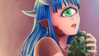 1girl backlighting blue_hair cacodemon character_doll chibi close-up colored_skin commentary cyclops demon_girl demon_horns doll doom_(2016) doom_(series) doomguy english_commentary eyelashes female_focus green_eyes highres horns hugging_doll hugging_object lips lipstick long_hair looking_at_viewer makeup nail_polish one-eyed personification pink_background pink_skin pointy_ears portrait scales shirt slit_pupils solo substance20 t-shirt