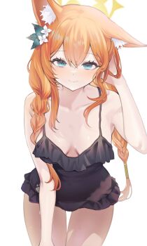 1girl absurdres animal_ear_fluff animal_ears black_one-piece_swimsuit blue_archive blue_eyes braid breasts cleavage covered_navel flower flower_on_head frilled_one-piece_swimsuit frills hair_between_eyes hair_ornament halo hand_in_own_hair hand_on_own_thigh highres laseri leaning_forward long_hair mari_(blue_archive) mari_(swimsuit)_(blue_archive) medium_breasts one-piece_swimsuit orange_hair smile solo standing sweat swimsuit twin_braids white_background