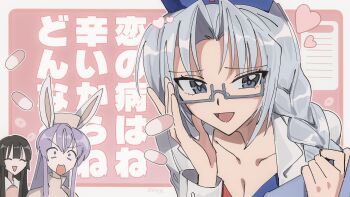 3girls :d absurdres adjusting_eyewear alternate_costume animal_ears black_hair blue_eyes braid breasts cleavage closed_eyes collarbone commentary dress glasses grey_hair hand_on_eyewear hat highres hime_cut houraisan_kaguya lab_coat leaning_forward long_hair looking_at_another looking_at_viewer multiple_girls nurse nurse_cap open_mouth parted_lips pill pink_background pink_eyes purple_hair rabbit_ears rabbit_girl reisen_udongein_inaba smile surprised touhou translation_request two-tone_dress uehara_suiyo yagokoro_eirin