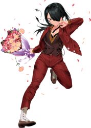 Rule 34 | 1girl, black hair, black ribbon, black vest, bouquet, brown footwear, brown shirt, burnt clothes, flower, formal, hair over one eye, holding, holding bouquet, jacket, kantai collection, kumano maru (11th anniversary) (kancolle), kumano maru (kancolle), long hair, looking at viewer, low ponytail, official alternate costume, official art, pant suit, pants, parted bangs, red eyes, red jacket, red pants, ribbon, shirt, solo, standing, suit, suit jacket, third-party source, umihara sakana, vest