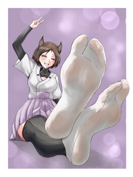 1girl animal_ears brown_hair closed_eyes feet grin highres kuroda_kunika light_blush medium_hair niizaki_atsuki smile socks soles steam strike_witches tabi toes v white_socks world_witches_series