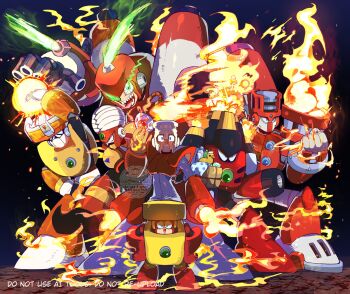 Rule 34 | 6+boys, android, arm cannon, arrow (symbol), blue eyes, bucket, burner man, chest jewel, dual arm cannons, everyone, fire, fire man, flame man, full body, gem, green eyes, green fire, heat man, helmet, highres, holding, in-franchise crossover, looking at viewer, magma man, male focus, mask, mega man &amp; bass, mega man (classic), mega man (series), mega man 1, mega man 10, mega man 11, mega man 2, mega man 6, mega man 9, multiple boys, no mouth, open mouth, robot, smile, solar man, srnhuyuno, straight-on, teeth, torch man, turban, watermark, weapon