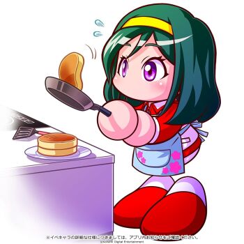 1girl akehoshi_setsuka apron artist_request blue_apron commentary_request copyright_notice flipping_food floral_print_apron flying_sweatdrops food green_hair hairband holding holding_spatula jacket jikkyou_powerful_pro_yakyuu jikkyou_powerful_pro_yakyuu_(style) jikkyou_powerful_soccer kitchen long_hair multicolored_jacket multicolored_shoes no_mouth official_art pancake plate power_pro_appli purple_eyes rayman_limbs red_jacket red_shoes shoes solo spatula track_jacket translation_request two-tone_shoes white_jacket white_shoes yellow_hairband